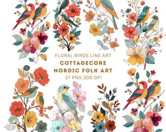 Nordic  Folk Clipart Floral Birds Cottage Core Themed (27 PNG Digital Download)