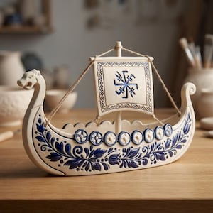 May include: A ceramic model of a Viking ship in cream with dark blue floral patterns. The ship features a carved dragon head prow, a square sail with a blue geometric symbol, and a row of circular shields along the side, all held by twine.