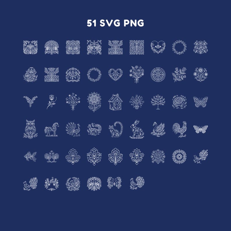 Puede incluir: Una colecci&oacute;n de 51 ilustraciones de l&iacute;neas blancas dispuestas en una cuadr&iacute;cula sobre un fondo azul oscuro, con varios dise&ntilde;os florales, animales y de naturaleza. El texto 51 SVG PNG aparece arriba en letras may&uacute;sculas blancas.