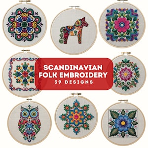 May include: Nine embroidery hoops featuring colourful Scandinavian folk art designs. The designs include floral patterns, an owl, and a Dala horse. The text on the image reads "Scandinavian Folk Embroidery 39 Designs."