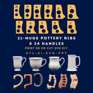 May include: A graphic featuring yellow pottery ribs and mug handles, with the text "21-MUGS POTTERY RIBS & 24 HANDLES". The image includes white mugs and various handle designs in different colors, set against a dark blue background.