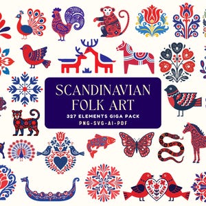 Scandinavian Folk Art Elements Bundle, 327 SVG PNG AI Designs, Nordic Floral & Animal Clipart