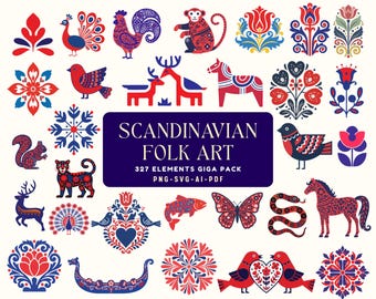 Paquete SVG de arte popular escandinavo, animales florales nórdicos (327 diseños)