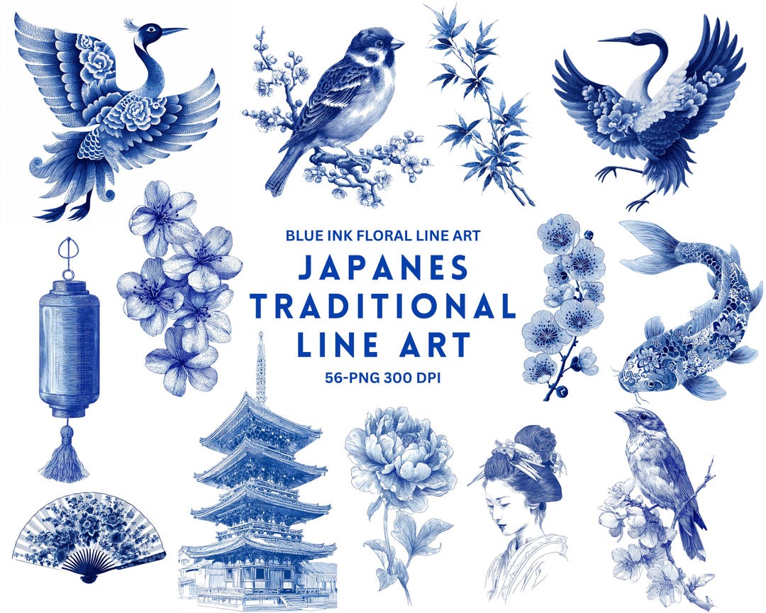 Blue Ink Line Japanese Blue Ink Line Art Bundle – Folk Floral Birds Animals Objects ...