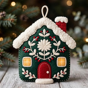 May include: A dark green felt house ornament with a white embroidered floral pattern and red bead accents. The house features a red door, two yellow windows, a white textured roof, a red chimney, and a white loop at the top for hanging.