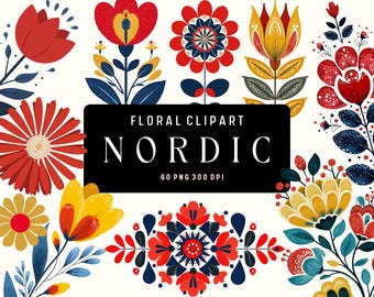 Arte popular escandinavo, paquete de imágenes prediseñadas florales nórdicas / Paquete de 60 diseños PNG