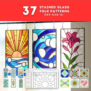 May include: A digital collection of 37 stained glass folk patterns in PDF, SVG, and AI formats. The image displays three rectangular stained glass panels featuring a sunrise, blue waves, and a pink lily, alongside various smaller pattern thumbnails.