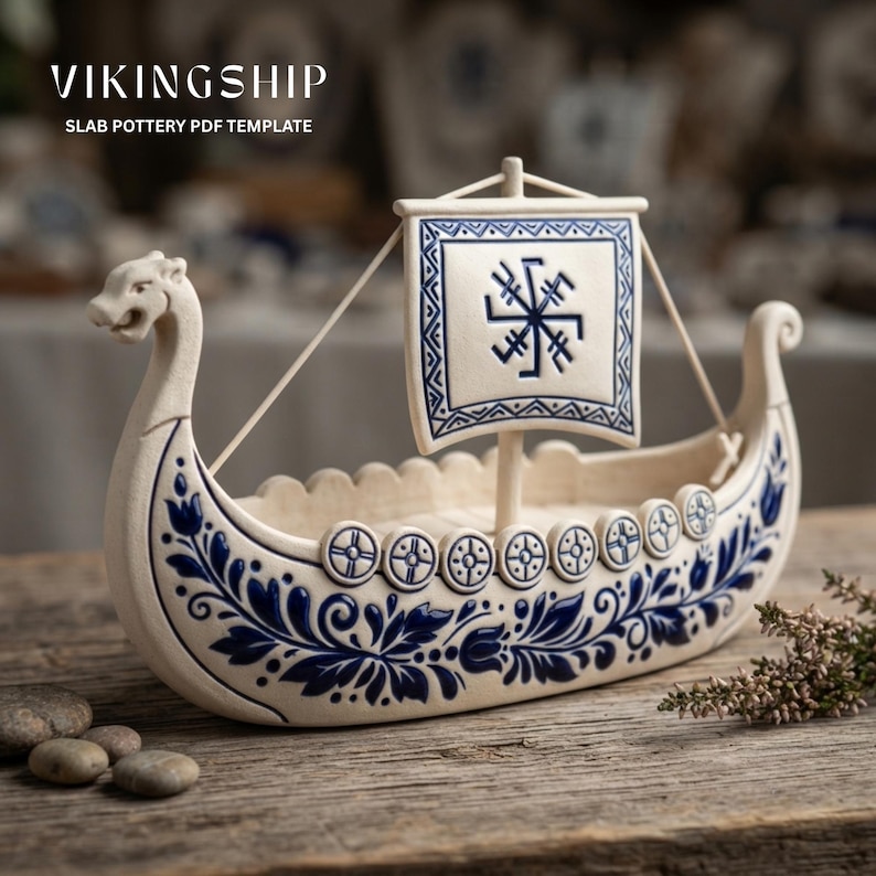 May include: A cream-colored ceramic Viking ship model featuring blue floral patterns along the hull, a square sail with a blue geometric symbol, and a carved dragon head prow. The text VIKINGSHIP SLAB POTTERY PDF TEMPLATE is visible.