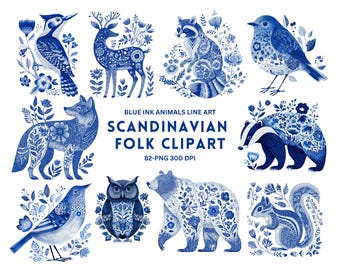 Blue Ink Scandinavian Folk Art Clipart, Floral Nordic Designs (82 PNG Digital Download)