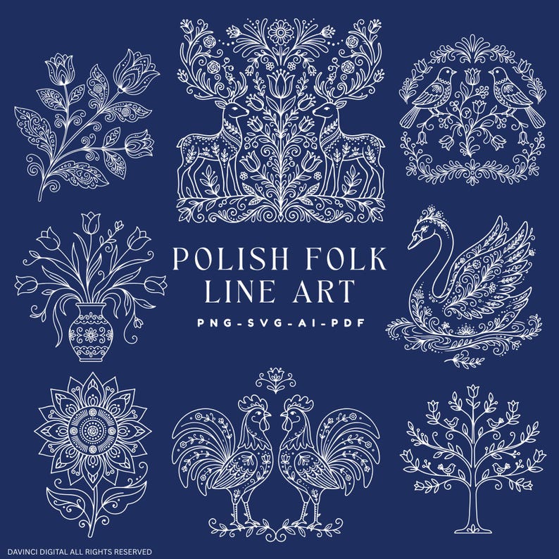 Puede incluir: Una colecci&oacute;n de ilustraciones de l&iacute;neas blancas sobre un fondo azul oscuro con patrones florales, dos ciervos, p&aacute;jaros, un cisne, un girasol, dos gallos y un &aacute;rbol. El texto dice POLISH FOLK LINE ART PNG-SVG-AI-PDF.