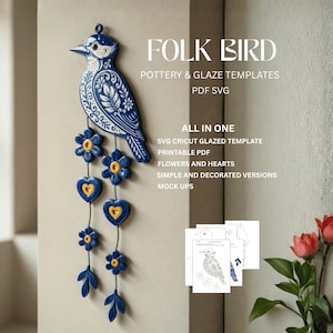 May include: A blue and white ceramic folk bird wall hanging with floral and heart accents. The bird has intricate patterns and is suspended with flowers and hearts. The text "FOLK BIRD" and other details are visible.