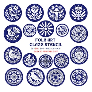 Może przedstawiać: Kolekcja 16 okrągłych niebiesko-białych wzorów szablonów przedstawiających ptaki, kwiaty i wzory geometryczne. Tekst brzmi FOLK ART GLAZE STENCIL, 25 -STL- SVG - PNG - AI - PDF, EASY 3D PRINTABLE DIY. Grafiki są ułożone w przejrzystą siatkę.