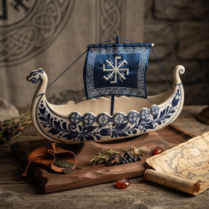 May include: A ceramic model of a Viking longship featuring a cream-colored hull decorated with blue floral patterns and circular shields along the side. The ship has a single blue square sail with a white geometric symbol and a carved dragon head.