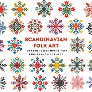 Scandinavian Folk Art SVG Bundle, Snow Flakes Embroidery Patterns, Digital Download