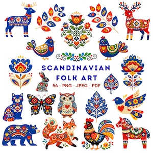 May include: A collection of colorful Scandinavian folk art illustrations featuring animals, flowers, and decorative elements. The designs include a deer, birds, a rabbit, a cat, a butterfly, an owl, a bear, a fox, a rooster, and a horse.