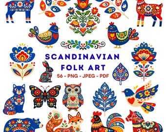 Noordse volkskunst clipartbundel, Scandinavische bloemen (png, pdf, commercieel gebruik)