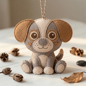 May include: A felt dog ornament in shades of tan, beige, and gray. The plush puppy features large brown ears, stitched facial details, small heart accents on the cheeks, and a string loop at the top for hanging. The design is crafted with visible stitching.