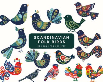 May include: A collection of colorful, stylized Scandinavian folk bird illustrations. The birds feature intricate patterns in shades of blue, green, red, and yellow. The image includes the text "SCANDINAVIAN FOLK BIRDS".