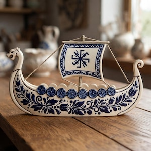 May include: A ceramic viking ship figurine in cream with dark blue floral patterns. The ship features a dragon-head prow, a square sail with a dark blue geometric symbol, and a row of circular shields along the side, all crafted in a detailed style.