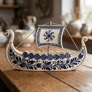 May include: A ceramic Viking ship figurine in cream with dark blue floral patterns. The ship features a dragon-headed prow, a square sail with a blue geometric symbol, and a row of circular shields along the side, all detailed in blue.