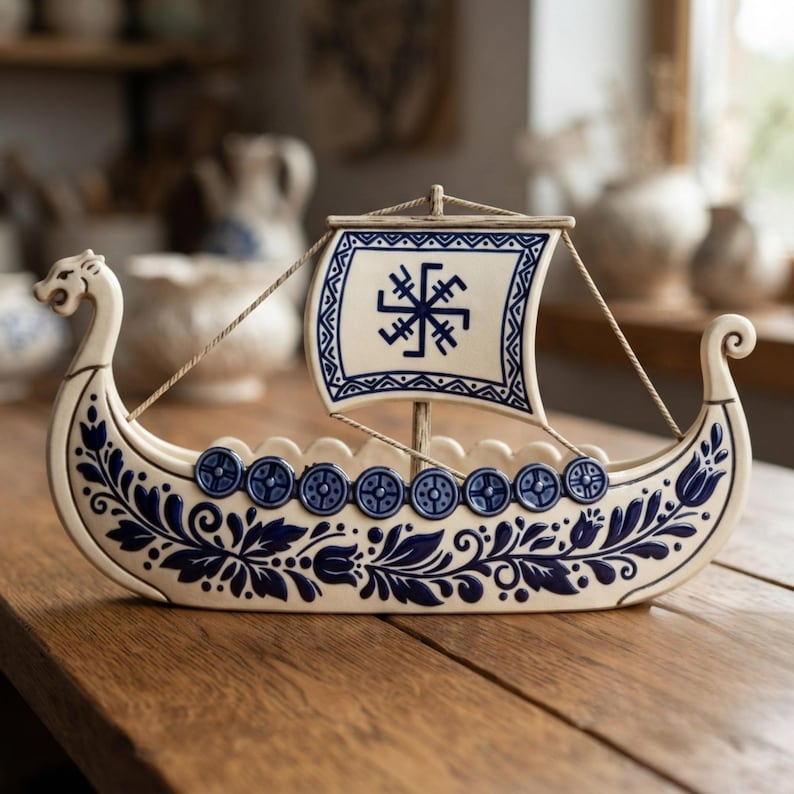 May include: A ceramic Viking ship figurine in cream with dark blue floral patterns. The ship features a dragon-headed prow, a square sail with a blue geometric symbol, and a row of circular shields along the side, all detailed in blue.