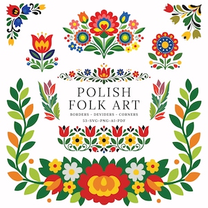 Puede incluir: Una colección de elementos de arte popular polaco coloridos, que incluyen bordes florales, divisores y diseños de esquinas. Los diseños presentan flores y hojas rojas, amarillas, azules y verdes. El texto dice "POLISH FOLK ART" y "BORDERS - DEVIDERS - CORNERS".