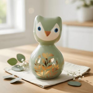 May include: A ceramic owl figurine in shades of green, white, and gold. The owl has blue eyes and an orange beak. Gold leaf designs adorn the lower portion of the owl's body. The figurine is displayed on a white cloth with decorative leaves.