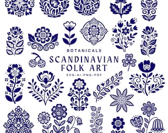 Scandinavian Folk Art SVG, Nordic Botanical Designs Bundle (Digital Download)