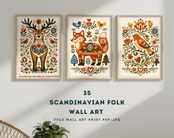 35 Scandinavian Folk Wall Art Prints, Nordic Floral Animals and Birds (Digital Download)