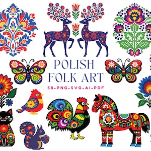 May include: A selection of Polish Folk Art illustrations with vibrant floral patterns, butterflies, deer, a rooster, a horse, a cat, a squirrel, and other decorative elements. The text "POLISH FOLK ART" is visible.