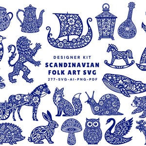 Nordic Folk Art SVG Bundle, Woodland Animals, Floral Illustrations (Digital Download 277 Elements)