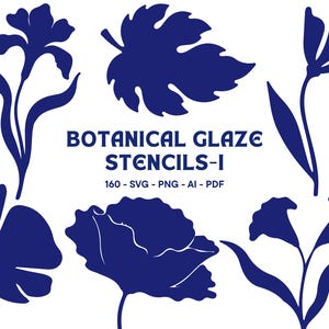 以下が含まれることがあります： 白地の背景に、さまざまな花や葉のデザインが施されたネイビーブルーのボタニカルステンシル。テキスト「BOTANICAL GLAZE STENCILS-I」はネイビーブルーで表示され、ファイルタイプ情報も含まれています。