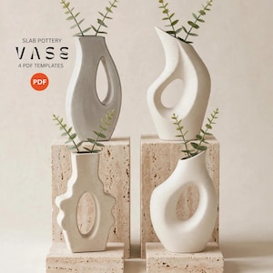 May include: Four off-white ceramic vases with unique cut-out shapes, each containing a small green leafy sprig. The text SLAB POTTERY VASE 4 PDF TEMPLATES and a red PDF icon are visible in the upper left corner of the image.