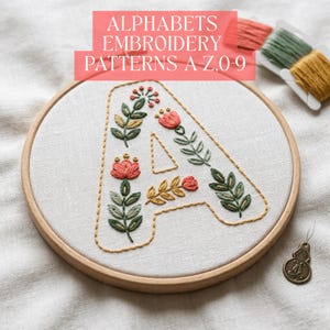 Patrón de bordado del alfabeto floral, monograma SVG PDF, A-Z 0-9 (Descarga digital)