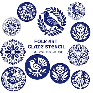 Puede incluir: Una colección de diseños de plantillas de esmalte de arte popular en azul marino y blanco. Los diseños incluyen pájaros, patrones florales y motivos circulares decorativos. Se muestra el texto "FOLK ART GLAZE STENCIL", junto con información sobre el tipo de archivo.