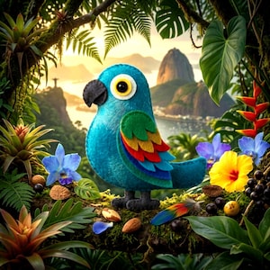 Può includere: Una statuetta di pappagallo in feltro blu con becco nero e grandi occhi gialli. Le ali presentano piume stratificate in verde, giallo, rosso e blu. Il pappagallo è appollaiato su un ramo circondato da piante tropicali, fiori e noci.