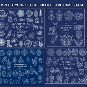 Puede incluir: Una colecci&oacute;n digital de ilustraciones de l&iacute;neas blancas sobre un fondo azul oscuro, organizada en cuatro vol&uacute;menes titulados Scandinavian Folk Line Art Vol 1, Vol 2, Vol 3 y Winter Folk Lineart Vol 4, con animales, plantas y diversos motivos.