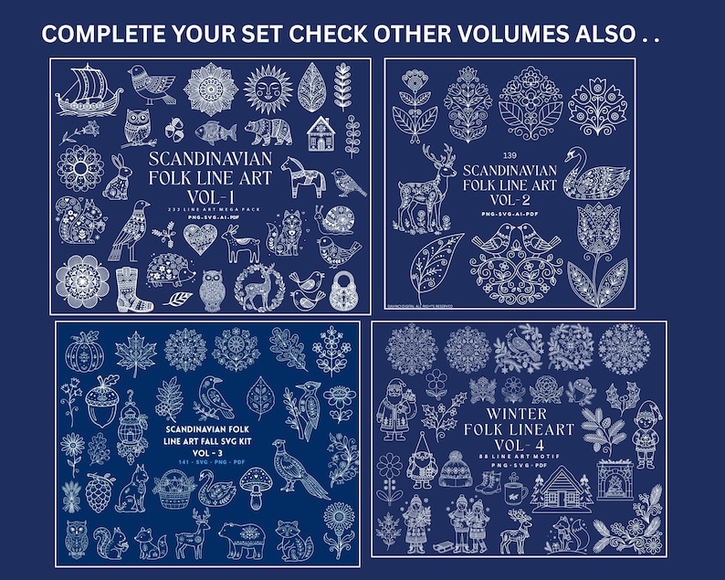 Puede incluir: Una colecci&oacute;n digital de ilustraciones de l&iacute;neas blancas sobre un fondo azul oscuro, organizada en cuatro vol&uacute;menes titulados Scandinavian Folk Line Art Vol 1, Vol 2, Vol 3 y Winter Folk Lineart Vol 4, con animales, plantas y diversos motivos.