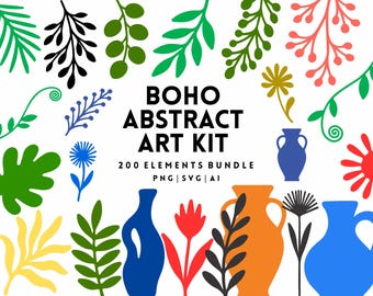 Kit di design floreale in stile folk, elementi organici, pacchetto di clipart boho (download digitale)
