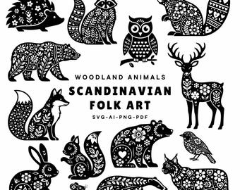 Scandinavian Folk Art Woodland Animals SVG Bundle, Nordic Floral Illustrations, Tracing Sketches, Cut Files