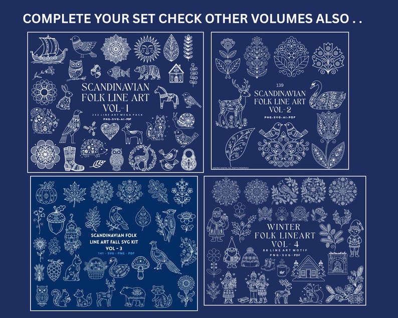 Puede incluir: Una colecci&oacute;n digital de ilustraciones de arte lineal blanco sobre un fondo azul oscuro, organizada en cuatro vol&uacute;menes titulados Scandinavian Folk Line Art Vol-1, Vol-2, Vol-3 y Winter Folk Lineart Vol-4, con varios motivos naturales y folcl&oacute;ricos.