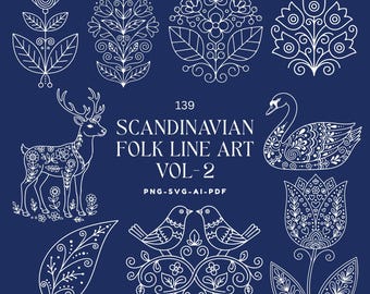 May include: A collection of white line art illustrations on a dark blue background, featuring a deer, a swan, birds, and various floral motifs. The central text reads 139 SCANDINAVIAN FOLK LINE ART VOL-2 PNG-SVG-AI-PDF, with a copyright notice at the bottom.