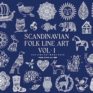 Kit de arte folclórica escandinava em SVG, flores e animais nórdicos (download digital)