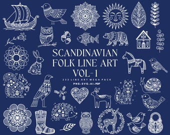May include: A collection of white line art illustrations on a dark blue background, featuring animals, flowers, a ship, and a house. The text reads: SCANDINAVIAN FOLK LINE ART VOL-1, 233 LINE ART MEGA PACK, PNG-SVG-AI-PDF.