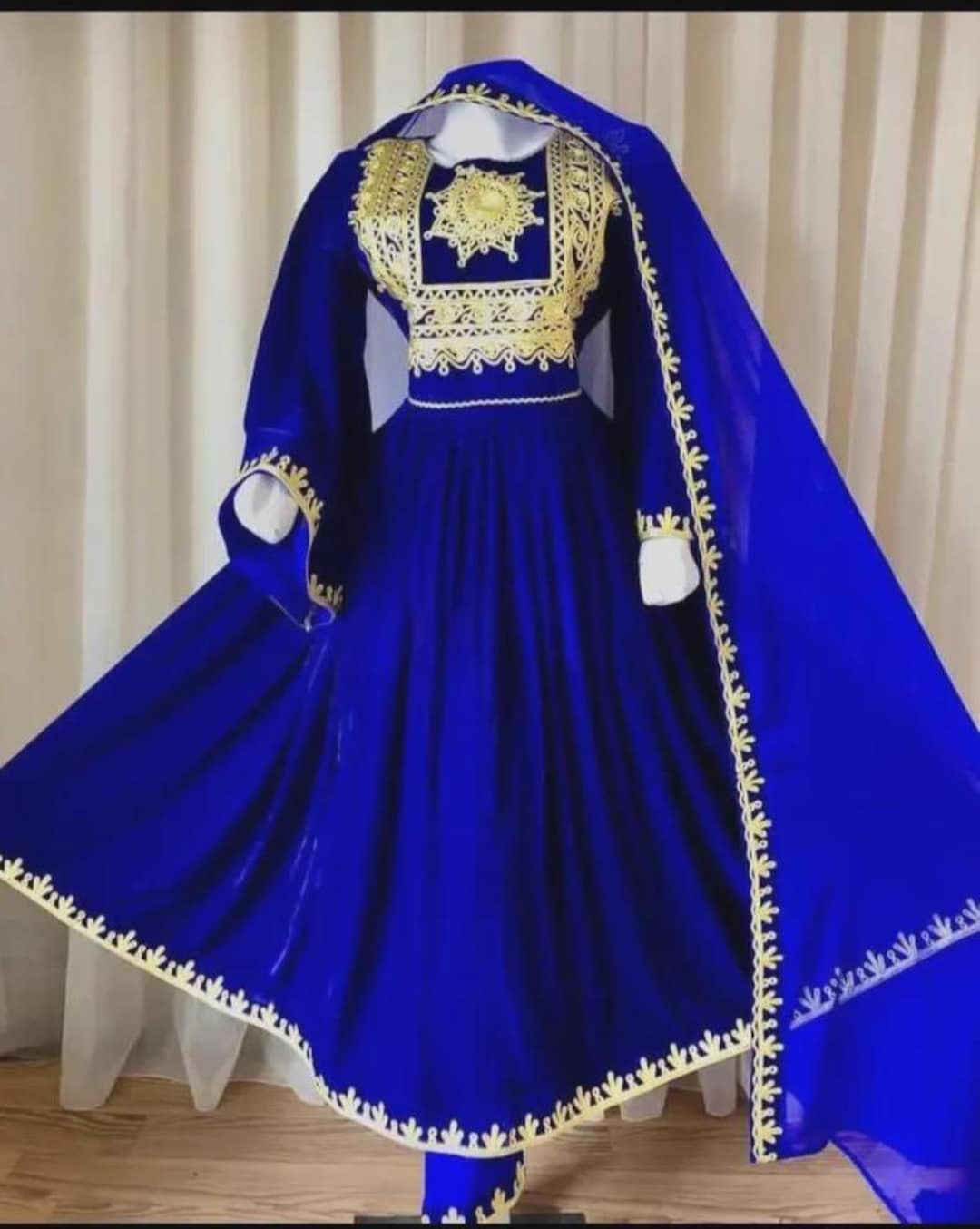 Royal Blue Velvet Afghan Dress: Golden Embroidery, Handmade Kaftan