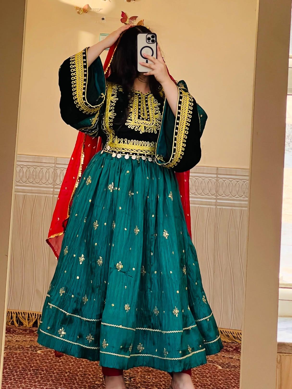 Elegant Green Afghani Dress With Scarf and Pants