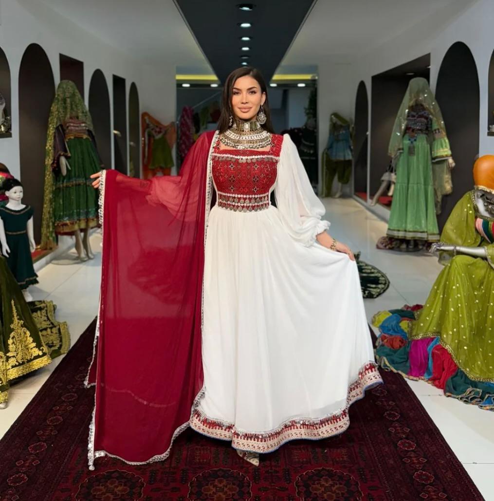 afghani maxi dress Embroidered Afghan Dress: Handmade Kuchi Gown with Maroon Detail