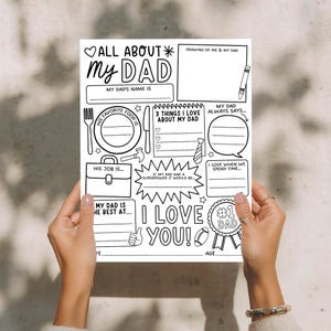 May include: A black and white fill-in activity sheet titled "All About My Dad." The sheet has spaces for the dad's name, favourite food, job, and other details. It also includes areas for drawing and writing.