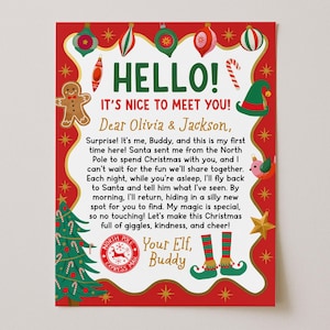 May include: A rectangular Christmas letter from an elf named Buddy to Olivia and Jackson. The white centre features black text, a red North Pole Express Mail stamp, and a gingerbread man. The red border is decorated with ornaments and a tree.