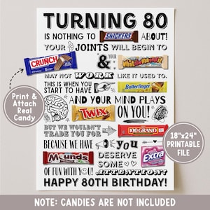 May include: A white printable sign with the text "TURNING 80" and humorous phrases. Candy bar graphics are included, such as Snickers, Crunch, and Twix. The sign is 18"x24" and includes the text "HAPPY 80TH BIRTHDAY!"